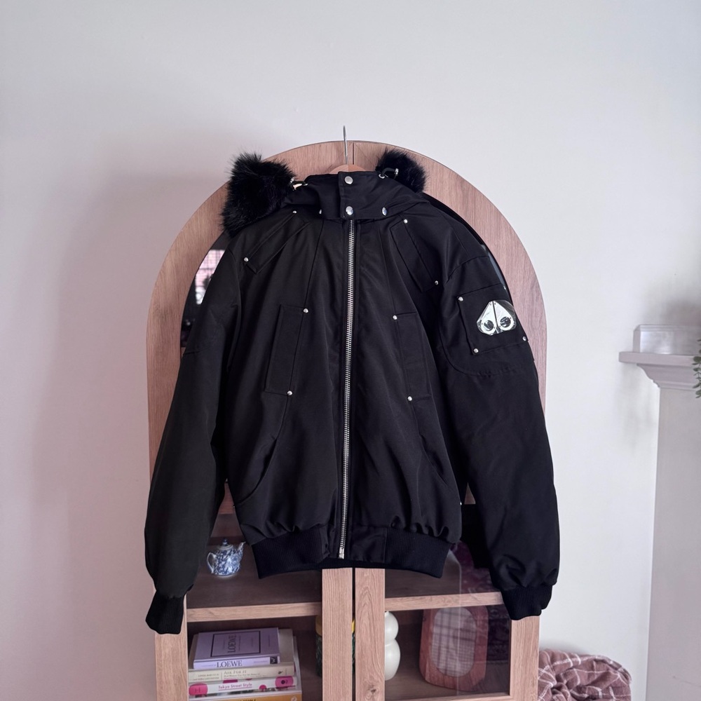 Moose Knuckles Black Down Bomber Jacket Fur Hood Detachable Trim Metal Logo NWT
